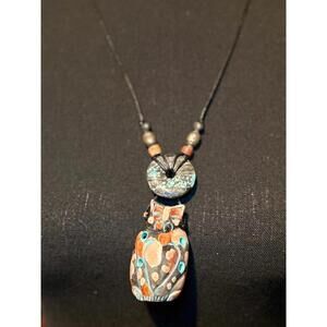 Handcrafted Cat Pottery Pendant Necklace with Turquoise and Earth Tones